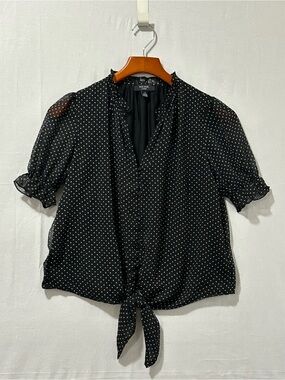 Haver - Black and White Polka Dot Ruffled Neck Blouse with Bottom Tie